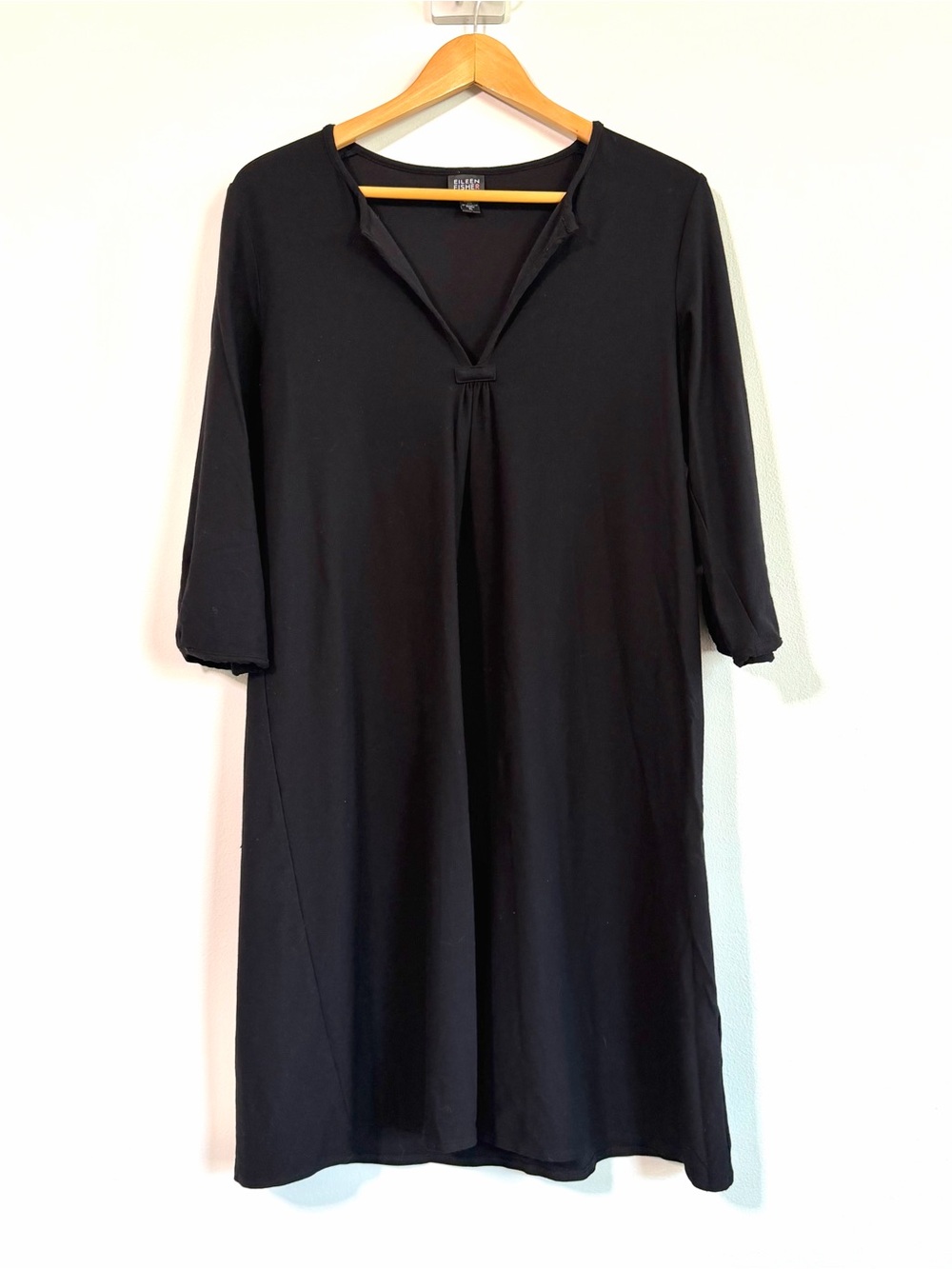 Eileen Fisher Black Pleated V-Neck 3/4 Sleeve Drape Dress Size Large Petite